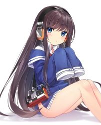 Rule 34 | 1girl, azur lane, bad id, bad twitter id, bag, bare legs, blue eyes, blush, bottomless, brown hair, chain, closed mouth, dot nose, headphones, komazuki (komaworks240), long hair, long island (azur lane), long sleeves, looking at viewer, shoulder bag, simple background, sleeves past fingers, sleeves past wrists, solo, white background