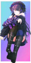 Rule 34 | 1girl, ankle boots, arm belt, asymmetrical legwear, bare shoulders, belt, black footwear, black hair, black hairband, black shirt, black thighhighs, blue thighhighs, blunt bangs, boots, border, brown eyes, closed mouth, collar, commentary, crossed arms, expressionless, frilled hairband, frills, gradient background, hair ornament, hairband, hairclip, heart sticker, highres, idolmaster, idolmaster shiny colors, kiyakyuu, knees up, long hair, looking at viewer, mayuzumi fuyuko, mismatched legwear, multicolored hair, off shoulder, outside border, purple background, purple belt, purple collar, purple hair, purple nails, shirt, single fishnet legwear, single thighhigh, sitting, solo, sticker on face, streaked hair, thighhighs, two side up, white border