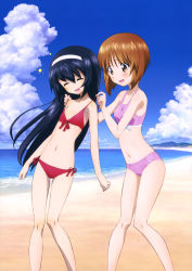 Rule 34 | 10s, 2girls, :d, ^ ^, absurdres, beach, bikini, black hair, blush, body blush, breasts, brown hair, closed eyes, cloud, collarbone, day, flat chest, front-tie top, girls und panzer, head tilt, highres, knees together feet apart, leaning to the side, long hair, looking at another, multiple girls, navel, nishizumi miho, ocean, official art, open mouth, outdoors, pink bikini, red bikini, reizei mako, scan, sky, small breasts, smile, sports bikini, standing, strap pull, sugimoto isao, sweatdrop, swimsuit, very long hair, water, yoshida nobuyoshi