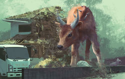 Rule 34 | animal, black eyes, building, commentary request, day, house, motor vehicle, mouse (animal), nature, no humans, open mouth, original, outdoors, oversized animal, realistic, ruins, scenery, spikes, standing, stone wall, toy(e), tree, truck, wall, yuugai choujuu
