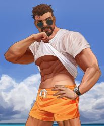 Rule 34 | 1boy, abs, absurdres, bara, beard, biceps, brown hair, clothes lift, cloud, cloudy sky, dark-skinned male, dark skin, day, facial hair, frown, glasses, hand on own hip, highres, looking to the side, male focus, manly, mature male, muscular, muscular male, navel, nez, nipples, overwatch, overwatch 1, pectorals, reaper (overwatch), scar, scar on face, shirt, shirt lift, shorts, sky, solo, spiked hair, sunglasses, t-shirt, tight clothes, watch