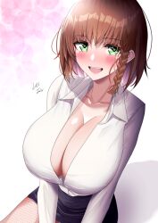 Rule 34 | 1girl, blush, braid, breasts, brown hair, charlotte corday (fate), fate/grand order, fate (series), green eyes, large breasts, lee-taro, looking at viewer, medium hair, open mouth, smile, solo