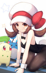 Rule 34 | 1girl, absurdres, alternate costume, bare shoulders, black neckwear, bow, bowtie, brown eyes, brown hair, chikorita, closed mouth, collar, commentary request, creatures (company), detached collar, eyelashes, game freak, gen 2 pokemon, hat, highres, leotard, long hair, looking at viewer, lyra (pokemon), marill, nintendo, pantyhose, playboy bunny, pokemon, pokemon (creature), pokemon hgss, rabbit tail, smile, soi (wxes9550505), tail, twintails, white collar, white headwear, wrist cuffs