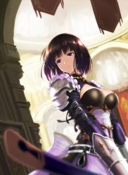 Rule 34 | 1girl, absurdres, aiu eo, arm belt, armor, bad id, bad pixiv id, belt, black armor, black hair, blunt bangs, blush, bob cut, breasts, cleavage cutout, closed mouth, clothing cutout, commentary request, dress, erika (shadowverse), frills, gauntlets, gloves, highres, holding, holding sword, holding weapon, indoors, jewelry, juliet sleeves, letterboxed, long sleeves, looking away, medium breasts, pauldrons, pendant, pink lips, puffy sleeves, purple dress, purple eyes, revision, scabbard, shadowverse, sheath, sheathed, short hair, shoulder armor, skirt, smile, solo, standing, sword, upper body, weapon