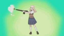 Rule 34 | 1girl, animated, animated gif, battle rifle, blonde hair, firing, gun, long hair, m14, m14 (upotte!!), open mouth, rifle, school uniform, shoes, socks, solo, upotte!!, weapon