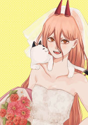 Rule 34 | + +, 1girl, alternate costume, animal, animal on shoulder, blush, bouquet, breasts, bridal veil, cat, cat on shoulder, chainsaw man, collarbone, commentary, cross-shaped pupils, demon horns, dress, fangs, flower, hair between eyes, highres, holding, holding bouquet, horns, long hair, looking at viewer, meowy (chainsaw man), off-shoulder dress, off shoulder, open mouth, orange eyes, patterned background, pink hair, polka dot, polka dot background, power (chainsaw man), sharp teeth, simple background, small breasts, smile, solo, straight hair, strapless, strapless dress, symbol-shaped pupils, teeth, toukaairab, upper body, veil, wedding dress, white dress, yellow background