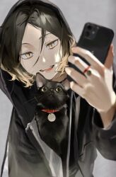 Rule 34 | 1boy, animal, black cat, brown eyes, brown hair, cat, cellphone, commentary, gradient hair, grey background, haikyuu!!, highres, holding, holding phone, jewelry, keki chogyegi, kozume kenma, looking at viewer, multicolored hair, open mouth, phone, ring, smartphone, solo, symbol-only commentary, teeth, upper body, upper teeth only