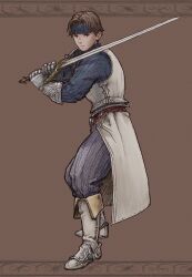 Rule 34 | 1boy, absurdres, blue headband, boots, brown background, brown eyes, denim powell, full body, gauntlets, headband, highres, holding, holding sword, holding weapon, long sleeves, looking at viewer, male focus, simple background, solo, standing, sword, tactics ogre, weapon, windcaller
