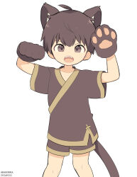 Rule 34 | 1boy, ahoge, animal ears, animal hands, arakokra, artist name, cat boy, cat paws, cat tail, child, dated, extra ears, highres, looking at viewer, male focus, open mouth, original, sharp teeth, short sleeves, solo, tail, teeth, white background