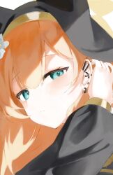 animal_ears black_hat black_robe blue_archive cat_ears ear_piercing earrings green_eyes hair_behind_ear hat highres jewelry looking_at_viewer mari_(blue_archive) nun orange_hair piercing pop88715091pop robe sideways_glance