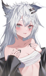 Rule 34 | 1girl, absurdres, animal ears, arknights, bandages, bandeau, bare shoulders, black nails, blush, breasts, chest sarashi, cleavage, commentary request, grey eyes, hands on own chest, highres, lappland (arknights), long hair, long sleeves, looking at viewer, messy hair, midriff, nail polish, off shoulder, parted lips, partial commentary, sarashi, scar, scar across eye, scar on face, silver hair, simple background, small breasts, smile, solo, strapless, sutei (arece15), tube top, upper body, white background, wolf ears