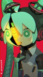 Rule 34 | 1girl, absurdres, ahoge, android, aqua eyes, aqua hair, aqua necktie, cable hair, carrot, cheri zao, chromatic aberration, commentary, detached collar, detached sleeves, expressionless, floating clothes, glowing, hatsune miku, highres, long hair, looking ahead, loveit (vocaloid), necktie, unworn necktie, open mouth, red background, robot girl, simple background, solo, song name, split head, twintails, upper body, vocaloid, wide-eyed