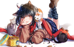 Rule 34 | 1girl, :p, animal ears, animal hands, black cat, black hair, blue skirt, blush, box, brown footwear, calico, cat, cat ears, cat girl, cat tail, closed mouth, feet up, full body, grey cat, hand on own cheek, hand on own face, leg warmers, long hair, long sleeves, looking at viewer, lying, mole, mole under eye, on stomach, original, plaid, plaid skirt, red eyes, red scarf, scarf, shinishi chiho, shirt, shoes, signature, skirt, smile, solo, tail, tongue, tongue out, whiskers, white shirt
