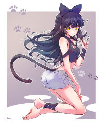 Rule 34 | 1girl, absurdres, ankle ribbon, arm ribbon, ass, bare shoulders, barefoot, black bow, black hair, black ribbon, black tail, blake belladonna, bow, breasts, cat, cat girl, cat tail, cleavage, eyebrows hidden by hair, facing viewer, faunus (rwby), floating hair, full body, hair between eyes, hair bow, hair ornament, halterneck, hand up, highres, holding, holding hair, iesupa, kneeling, leg ribbon, long hair, looking at viewer, midriff, paw cutout, paw print, paw print background, ribbon, rwby, shorts, sitting, small breasts, solo, tail, yellow eyes