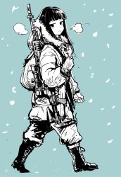 Rule 34 | 10s, 1girl, aqua theme, backpack, bag, battle rifle, blue theme, blunt bangs, boots, coat, gun, hatsuyuki (kancolle), hime cut, kantai collection, long hair, looking at viewer, m14, monochrome, open mouth, osakana (denpa yun&#039;yun), rifle, sniper rifle, solo, weapon, winter clothes, winter coat