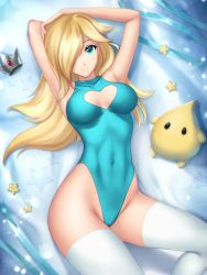 Rule 34 | 1girl, aqua one-piece swimsuit, arms behind head, blonde hair, blue eyes, blue ribbon, breasts, casual one-piece swimsuit, cleavage cutout, clothing cutout, commentary, crown, unworn crown, earrings, feet out of frame, gigamessy, hair over one eye, heart cutout, highleg, highleg leotard, highleg swimsuit, jewelry, leotard, long hair, looking at viewer, luma (mario), lying, mario (series), medium breasts, nintendo, one-piece swimsuit, ribbon, rosalina, solo, star (symbol), star earrings, swimsuit, thighhighs, white thighhighs