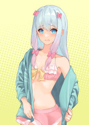 Rule 34 | 1girl, absurdres, bikini, bikini skirt, blue eyes, blue jacket, bow, breasts, cleavage, collarbone, drawp 125, eromanga sensei, gradient hair, hair between eyes, hair bow, highres, izumi sagiri, jacket, long sleeves, looking at viewer, multicolored hair, navel, off shoulder, open clothes, open jacket, open mouth, pink bikini, pink bow, pink hair, silver hair, small breasts, solo, swimsuit, wavy mouth, yellow background