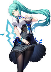 Rule 34 | 1girl, black skirt, blush, breasts, cleavage, closed mouth, commentary request, frilled skirt, frills, green eyes, green hair, hair between eyes, hand up, head tilt, highres, long hair, looking at viewer, medium breasts, pantyhose, pneuma (xenoblade), ponytail, puffy short sleeves, puffy sleeves, ririko (zhuoyandesailaer), shirt, short sleeves, simple background, skirt, smile, solo, thighband pantyhose, very long hair, white background, white shirt, xenoblade chronicles (series), xenoblade chronicles 2