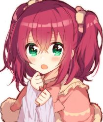 Rule 34 | 1girl, :o, blush, bow, bowtie, capelet, clenched hands, frills, fur-trimmed capelet, fur trim, green eyes, hair between eyes, hands up, kurosawa ruby, looking at viewer, love live!, love live! school idol festival, love live! sunshine!!, nameneko (124), pink bow, pink bowtie, pink capelet, pom pom (clothes), red hair, ribbed sweater, short hair, simple background, solo, sweater, two side up, upper body, white background