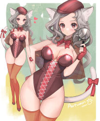 Rule 34 | 1girl, :3, animal ears, arm behind back, bow, bowtie, breasts, capelet, cat ears, cat tail, cleavage, closed mouth, hand up, hat, highleg, highleg leotard, highres, hitowa, holding, holding magnifying glass, leotard, long hair, looking at viewer, magnifying glass, medium breasts, multiple views, orange thighhighs, original, red eyes, ribbon, silver hair, smile, standing, strapless, strapless leotard, tail, tail ornament, tail ribbon, thighhighs