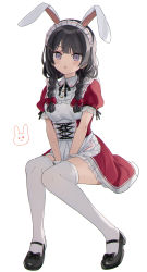 Rule 34 | 1girl, animal ears, animal print, arms between legs, black hair, blush, bow, braid, breasts, commentary request, dress, fake animal ears, hair ornament, hairclip, highres, long hair, looking at viewer, maid, medium breasts, nijisanji, rabbit ears, rabbit print, red dress, simple background, smile, solo, thighhighs, tsukino mito, twin braids, usirome, v arms, virtual youtuber, white background, white thighhighs