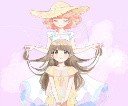 Rule 34 | 2girls, blush, bow, bracelet, brown eyes, brown hair, closed eyes, dress, dress bow, eyelashes, hat, holding another&#039;s hair, jewelry, long hair, multiple girls, parted lips, pop&#039;n music, rie-chan, sanae-chan, sgwyi, short hair, straw hat, white dress