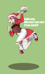 Rule 34 | 10s, 1girl, cake, food, fruit, hair ornament, hat, high heels, jumping, kantai collection, ken4sogen, ken sogen, open mouth, pink eyes, pink hair, santa costume, santa hat, sazanami (kancolle), short hair, simple background, solo, strawberry, strawberry shortcake, thighhighs, twintails, whipped cream