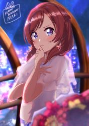 Rule 34 | 1girl, artist name, artist request, blush, bracelet, braid, breasts, city, city lights, collarbone, crown braid, dress, earrings, female focus, flower earrings, flower print, frilled dress, frills, hair between eyes, highres, indoors, jewelry, looking at viewer, love live!, love live! school idol festival, love live! school idol festival all stars, love live! school idol project, necklace, night, night sky, nishikino maki, parted lips, pearl bracelet, pearl necklace, purple eyes, red hair, short hair, sky, small breasts, smile, solo, star (sky), upper body, white dress