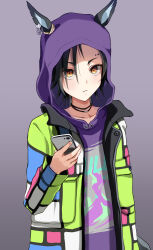 Rule 34 | 1girl, absurdres, air shakur (umamusume), animal ears, black hair, brown eyes, cellphone, chokin tsucho, closed mouth, commentary request, ears through headwear, eyebrow piercing, green jacket, grey background, hand up, highres, holding, holding phone, hood, hood up, hoodie, horse ears, jacket, long sleeves, looking at viewer, open clothes, open jacket, phone, piercing, purple hoodie, simple background, sleeves past wrists, solo, umamusume, upper body