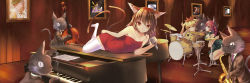 Rule 34 | alcohol, animal ears, awa yume, bare shoulders, beer, black cat, blonde hair, breasts, brown eyes, brown hair, cat, cat ears, cello, chen, cigar, cleavage, dress, drum, drum set, highres, instrument, kaenbyou rin, kneeling, looking at viewer, lying, microphone, multiple tails, on stomach, piano, red dress, red hair, saxophone, short hair, small breasts, sunglasses, tail, thighhighs, toramaru shou, touhou, white legwear, yagokoro eirin, zun