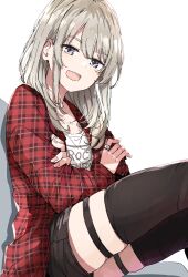 Rule 34 | 1girl, :d, black shorts, black thighhighs, clothes writing, crossed arms, dotera (clothes), girls band cry, grey eyes, grey hair, highres, jewelry, kawaragi momoka, nyoijizai, open mouth, plaid, ring, shorts, sitting, skindentation, smile, solo, thigh strap, thighhighs