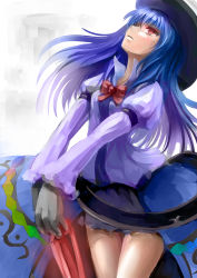 Rule 34 | 1girl, absurdres, arm strap, belt, blue hair, bow, bowtie, female focus, gloves, hat, highres, hinanawi tenshi, long hair, long sleeves, myero, red eyes, solo, sword, touhou, weapon
