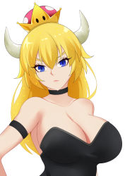 Rule 34 | 1girl, arm strap, armband, bare shoulders, black armband, black choker, black dress, blonde hair, blue eyes, bowsette, breasts, choker, cleavage, closed mouth, collarbone, crown, dress, expressionless, female focus, hair between eyes, hair down, head tilt, horns, large breasts, leotard, lips, long hair, looking at viewer, mario (series), monster girl, neck, new super mario bros. u deluxe, nintendo, no spikes, serious, simple background, solo, strapless, strapless dress, super crown, toki to shishin, upper body, white background, white horns