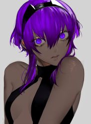 Rule 34 | 1girl, au (d elete), bad id, bad twitter id, bare shoulders, black hairband, breasts, commentary request, dark-skinned female, dark skin, fate/grand order, fate/prototype, fate/prototype: fragments of blue and silver, fate (series), hair between eyes, hairband, hassan of serenity (fate), lips, looking at viewer, matching hair/eyes, purple eyes, purple hair, shiny skin, short hair with long locks, small breasts, solo