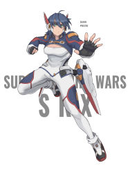 Rule 34 | 1girl, black gloves, blue hair, bodysuit, character name, chinese commentary, cleavage cutout, clenched hand, clothing cutout, eyebrows hidden by hair, fingerless gloves, floating, gloves, green eyes, highres, jinri shijie, mecha musume, open hand, personification, r-1, short hair, solo, super robot wars, super robot wars original generation, white background, white bodysuit