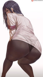 Rule 34 | 1girl, armband, ass, black eyes, black hair, black panties, commentary, from behind, highres, long hair, looking at viewer, looking back, panties, panties under pantyhose, pantyhose, pieck finger, pieck finger, shexyo, shingeki no kyojin, simple background, solo, thighs, underwear, uniform, white background
