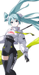 Rule 34 | 1girl, absurdres, aqua eyes, aqua hair, asymmetrical bodysuit, black bodysuit, bodysuit, boots, closed mouth, covered navel, cropped jacket, feet out of frame, flag, flagpole, flame print, floating hair, gloves, goodsmile racing, green flag, hair between eyes, hatsune miku, highres, holding, holding flag, holding pole, jacket, leaning back, long hair, long sleeves, looking at viewer, pole, race queen, racing miku, racing miku (2022), rakugaki ningen, simple background, single leg bodysuit, single thigh boot, smile, smiley face, solo, text print, thigh boots, thigh gap, twintails, two-tone gloves, very long hair, vocaloid, white background, white jacket, wind