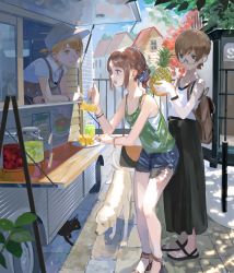 Rule 34 | 3girls, :o, apron, arm support, aspara, backpack, bag, bare arms, bare shoulders, barefoot sandals (jewelry), black eyes, blonde hair, brown eyes, brown hair, camisole, cat, collared shirt, commentary request, cup, dog, drinking glass, drinking straw, earrings, exposed pocket, food, food stand, fork, fruit, full body, glasses, hand rest, hand up, hat, highres, holding, holding food, holding fork, holding fruit, jewelry, leaning forward, long skirt, looking at another, multiple girls, open mouth, original, parted lips, pineapple, pineapple slice, sandals, semi-rimless eyewear, shirt, short hair, short ponytail, short shorts, short sleeves, shorts, skirt, smile, standing, summer, under-rim eyewear, wing collar, yellow eyes