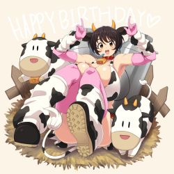 Rule 34 | 10s, 1girl, :d, animal ears, animal print, armpits, bad id, bad pixiv id, bare shoulders, bell, black hair, blush, breasts, brown eyes, collar, cow, cow ears, cow horns, cow print, cow tail, gloves, happy birthday, headset, highres, horns, huge breasts, idolmaster, idolmaster cinderella girls, looking at viewer, nash (na-si), oikawa shizuku, open mouth, pink gloves, pink thighhighs, sitting, smile, solo, tail, thighhighs