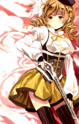 Rule 34 | 10s, 1girl, beret, blonde hair, breasts, brown thighhighs, corset, detached sleeves, drill hair, fingerless gloves, gloves, gun, hair ornament, hairpin, hat, highres, magical girl, magical musket, mahou shoujo madoka magica, mahou shoujo madoka magica (anime), pleated skirt, puffy sleeves, ribbon, rifle, shirt, short hair, skirt, solo, striped clothes, striped thighhighs, tan (tangent), taut clothes, taut shirt, thighhighs, tomoe mami, twin drills, twintails, vertical-striped clothes, vertical-striped thighhighs, weapon, zettai ryouiki