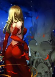 Rule 34 | 1girl, absurdres, alphonse (white datura), ass, back, backless dress, backless outfit, blonde hair, breasts, dress, elbow gloves, elysion, facing away, flower, from behind, gloves, gun, handgun, highres, huge filesize, large breasts, long dress, long hair, non-web source, nude, petals, pistol, pocket pistol, red dress, reflection, rose, scan, solo, sound horizon, stella (sound horizon), walther, walther ppk, weapon
