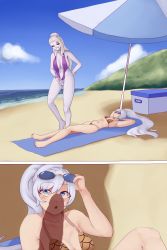 Rule 34 | 2girls, :o, beach, bikini, blue eyes, blush, breasts, colored skin, erection, futanari, grabbing, hair bun, highres, large breasts, long hair, looking at penis, lying, multiple girls, navel, open mouth, penis, penis grab, penis shadow, reqqles, rwby, salem (rwby), sand, side ponytail, single hair bun, slingshot swimsuit, small breasts, standing, sunglasses, sunglasses on head, swimsuit, tagme, testicles, towel, umbrella, uncensored, veins, veiny penis, water, weiss schnee, white hair