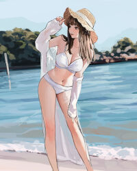 Rule 34 | 1girl, absurdres, bare legs, bikini, breasts, brown hair, cleavage, collarbone, feet out of frame, gompang 11, hat, highres, jacket, large breasts, looking to the side, navel, original, outdoors, see-through, see-through jacket, smile, solo, stomach, straw hat, swimsuit, white bikini, white jacket