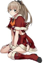 Rule 34 | 10s, aqua eyes, ascot, boots, brown hair, dresst, full body, kantai collection, kneeling, konishi (koconatu), kumano (kancolle), long hair, lowres, machinery, mittens, official art, panties, ponytail, red mittens, santa costume, solo, torn clothes, transparent background, underwear