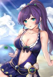 Rule 34 | 1girl, absurdres, alternate hairstyle, aqua eyes, arm garter, arm ribbon, artist name, artist request, bare shoulders, beach, blue bow, blue one-piece swimsuit, blue sky, blueberry, blush, bow, breasts, cleavage, cloud, collarbone, day, female focus, flower print, food, frills, fruit, gem, green eyes, hair bobbles, hair ornament, high ponytail, highres, leaf hair ornament, legwear garter, long hair, looking at viewer, love live!, love live! school idol festival, love live! school idol project, medium breasts, ocean, one-piece swimsuit, outdoors, parted lips, ponytail, purple hair, ribbon, shuzuta, single legwear garter, sky, smile, solo, striped bow, striped ribbon, sunlight, swept bangs, swimsuit, tojo nozomi, white bow, white ribbon