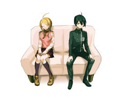 Rule 34 | 1boy, 1girl, absurdres, ahoge, akamatsu kaede, backpack, bag, black footwear, black hair, black jacket, black pants, black sleeves, black socks, blonde hair, brown footwear, brown ribbon, buttons, closed eyes, closed mouth, collared jacket, collared shirt, commentary request, couch, crest, cross-laced footwear, danganronpa (series), danganronpa v3: killing harmony, double-breasted, expressionless, eyelashes, fingernails, footwear ribbon, fortissimo, full body, hair between eyes, hair ornament, hands on lap, hands on own knees, high collar, highres, jacket, kneehighs, layered sleeves, long hair, long sleeves, miniskirt, musical note, musical note hair ornament, musical note print, necktie, on couch, pants, pink vest, pinstripe jacket, pinstripe pants, pinstripe pattern, pleated skirt, pocket, purple skirt, red necktie, ribbon, saihara shuichi, sarami (sa rami30), shadow, shirt, shoes, short hair, simple background, sitting, skirt, smile, socks, v-neck, vertical-striped sleeves, vest, white background, white bag, white shirt, yellow eyes