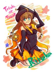 Rule 34 | 1girl, brown hair, cape, closed mouth, dress, full body, green eyes, hair ornament, halloween, hat, highres, holding, holding wand, lilka eleniak, long hair, looking at viewer, low-tied long hair, skirt, smile, solo, trick or treat, twintails, wand, wild arms, wild arms 2, yamaki ayumu