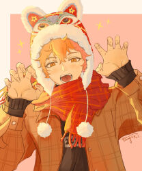 Rule 34 | 1boy, beanie, black sweater, border, brown coat, brown sleeves, buttons, chinese commentary, claw pose, coat, collared coat, commentary request, dated, earflap beanie, fingernails, fringe trim, fur-trimmed headwear, fur trim, haikyuu!!, hair between eyes, hat, highres, hinata shouyou, layered sleeves, long sleeves, looking at viewer, male focus, open clothes, open coat, open mouth, orange eyes, orange hair, outside border, palms, pink background, plaid, plaid collar, plaid scarf, pom pom hat ornament, red hat, red scarf, sanshui guantang, scarf, short hair, sign, simple background, sleeves past wrists, solo, sparkle, sweater, teeth, tiger hat, upper body, white border