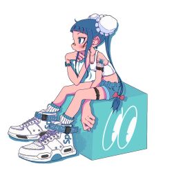 Rule 34 | 1girl, arm strap, arm tattoo, bandaid, bandaid on cheek, bandaid on face, bandaid on nose, bare arms, bare shoulders, blue eyes, blue hair, blue shorts, blunt bangs, bow, breasts, bun cover, butterfly tattoo, cropped shirt, cube, double bun, drop shadow, from side, full body, hair bow, hair bun, hand up, long hair, midriff, nao97122, navel, original, pink bow, ribbed socks, shirt, shoes, shorts, sidelocks, simple background, sitting, sleeveless, sleeveless shirt, small breasts, sneakers, solo, tattoo, thigh strap, twintails, watch, white background, white footwear, white shirt, wristwatch