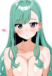 Rule 34 | 1girl, absurdres, blush, breasts, collarbone, dot nose, ear piercing, earrings, green hair, hair behind ear, heart, highres, iwano kenta, jewelry, large breasts, long hair, looking at viewer, no mole, nude, parted lips, piercing, purple eyes, simple background, solo, swept bangs, upper body, virtual youtuber, vspo!, white background, yakumo beni
